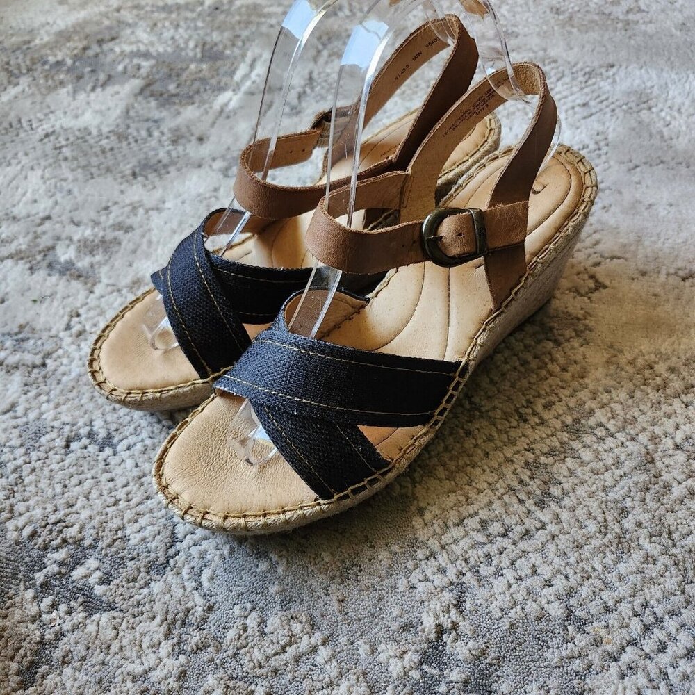 Born Wedge Sandals Women's 9 Blue Fabric Tan Leather Comfort Espadrille Platform - Picture 3 of 9